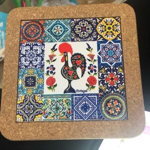 Portuguese Rooster Cork Trivet - Colorful Tile Design 9.75” x 9.75”